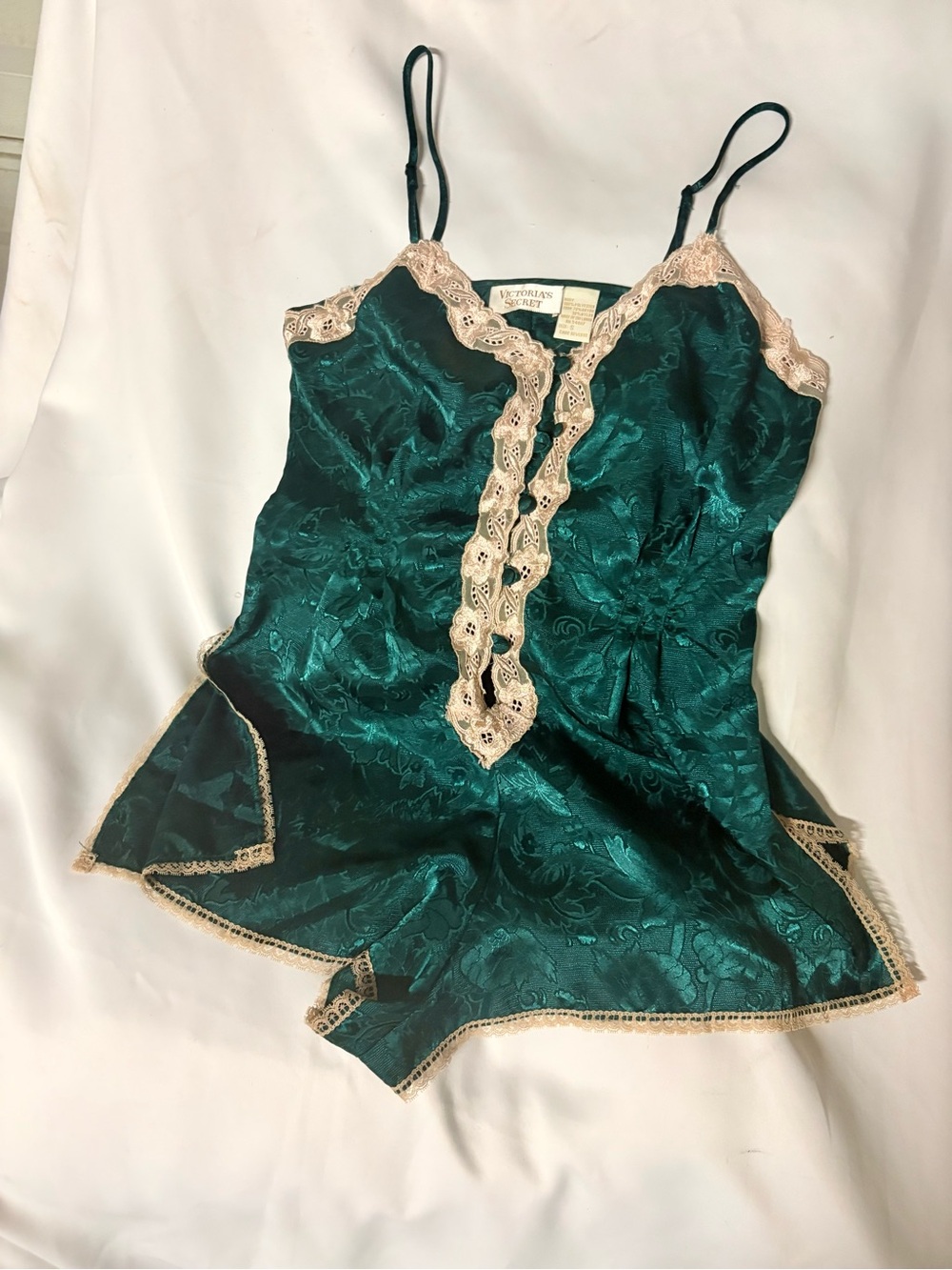 Victoria's Secret Teal Green Satin Lace-Trim Slip